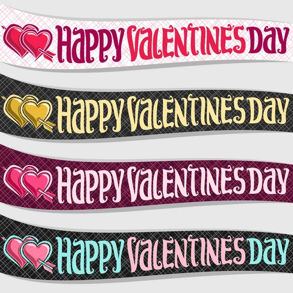 Vector Set Ribbons Valentine Day Curved Banners Pink Hearts Pierced — Stock Vector