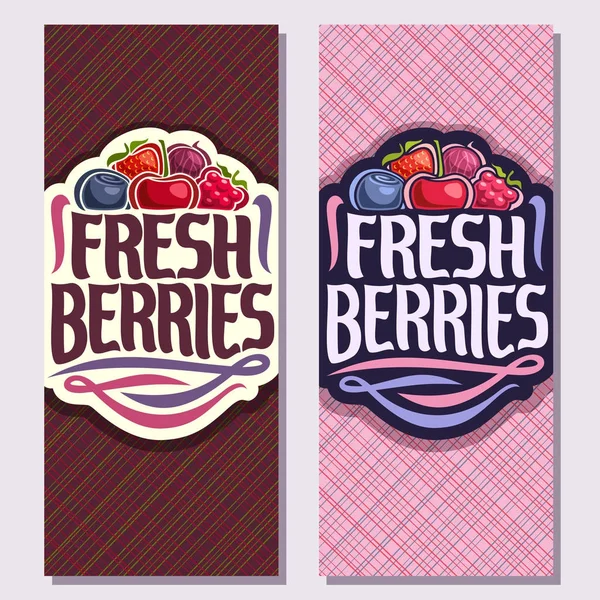 Taze çilek, çilek, kırmızı bektaşi üzümü, sağlıklı yaban mersini, kiraz berry, geometrik arka plan üzerinde olgunlaşmış ahududu yığını için vektör dikey afiş sebze metinle vegan deposu için taze çilek karışımı.