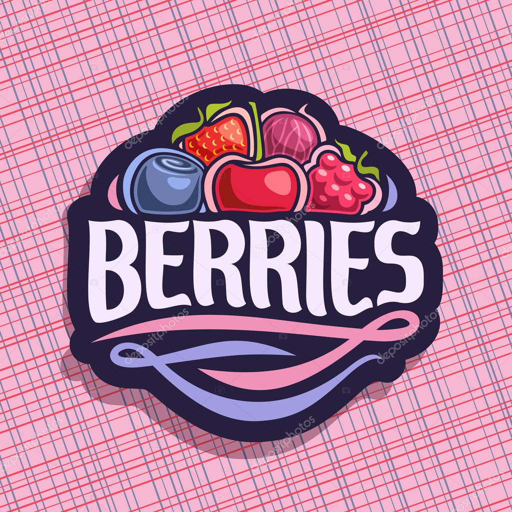 Vector logo for Berries, cut sign with fresh strawberry, red gooseberry, healthy blueberry, cherry berry, ripe raspberry on geometric background, veg mix label with text berries for vegan nutrition.