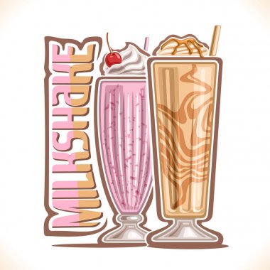 Vector illustration of Milkshake, 2 cold desserts and original typeface for word milkshake, strawberry smoothie with soft serve ice cream and cherry up, vanilla mixed milk shake with caramel syrup. clipart