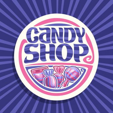 Vektör sarılmış logosuna Candy Shop için yuvarlak tabela 4 tatlı pembe ve mavi plastik ambalaj, kelime şeker dükkanı, lolipop çizgili şal içinde parlak kaydırma meyve sert şekerlemeler için özgün yazı tipi.