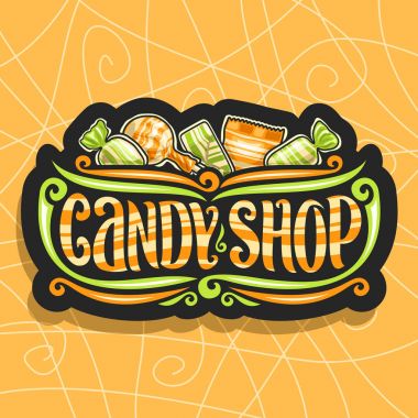 Vektör Candy Shop, karanlık tabela 5 üzerinde sarılı amblemi tatlılar sarı ve yeşil plastik ambalaj, kelime şeker dükkanı için özgün yazı tipi, lolipop çizgili şal içinde parlak kaydırma meyve sert şekerlemeler.
