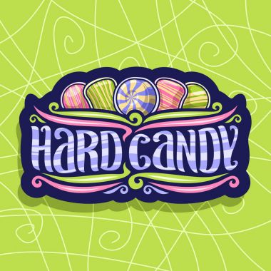 Hard Candy, vektör logo karanlık vintage tabela 5 çeşitli damla şeker kadar çizgili, orijinal fırça yazı için mavi sözcükleri sert şeker ve renkli yeşil arka plan üzerinde geliştiği.