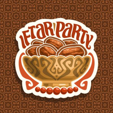 Ramazan Iftar parti için logo vektör, İslam açlık gıda - bronz kase ve kırmızı tespih veya Müslüman tespih, orijinal fırça yazı için kelime iftar parti tarihleri kurutulmuş yığını işaretiyle kağıt kesme.