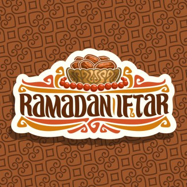 Ramazan Iftar parti için logo vektör, İslam açlık gıda - bronz kase ve kırmızı tespih veya Müslüman tespih, orijinal fırça yazı için kelime iftar parti tarihleri kurutulmuş yığını işaretiyle kağıt kesme.