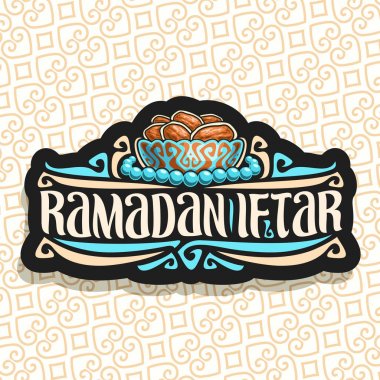 Ramazan Iftar, İslam açlık gıda - eski bronz kase ve mavi tespih tarihleri kurutulmuş yığını ile siyah işareti veya Müslüman tespih, kelime Ramazan iftar için orijinal fırça yazı için vektör logo.