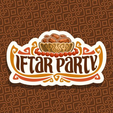 Ramazan Iftar parti için logo vektör, İslam açlık gıda - bronz kase ve kırmızı tespih veya Müslüman tespih, orijinal fırça yazı için kelime iftar parti tarihleri kurutulmuş yığını işaretiyle kağıt kesme.