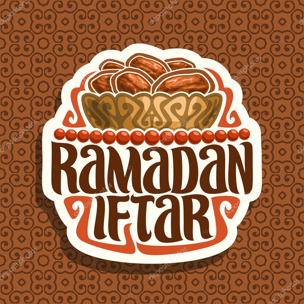 Vector logo for Ramadan Iftar, cut paper sign with pile of islamic fasting food - dried dates in old bronze bowl and red prayer beads or muslim rosary, original brush typeface for words ramadan iftar.