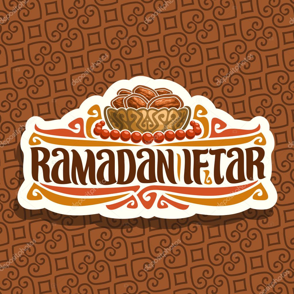 Vector logo for Ramadan Iftar Party, cut paper sign with pile of islamic fasting food - dried dates in bronze bowl and red prayer beads or muslim rosary, original brush typeface for words iftar party.