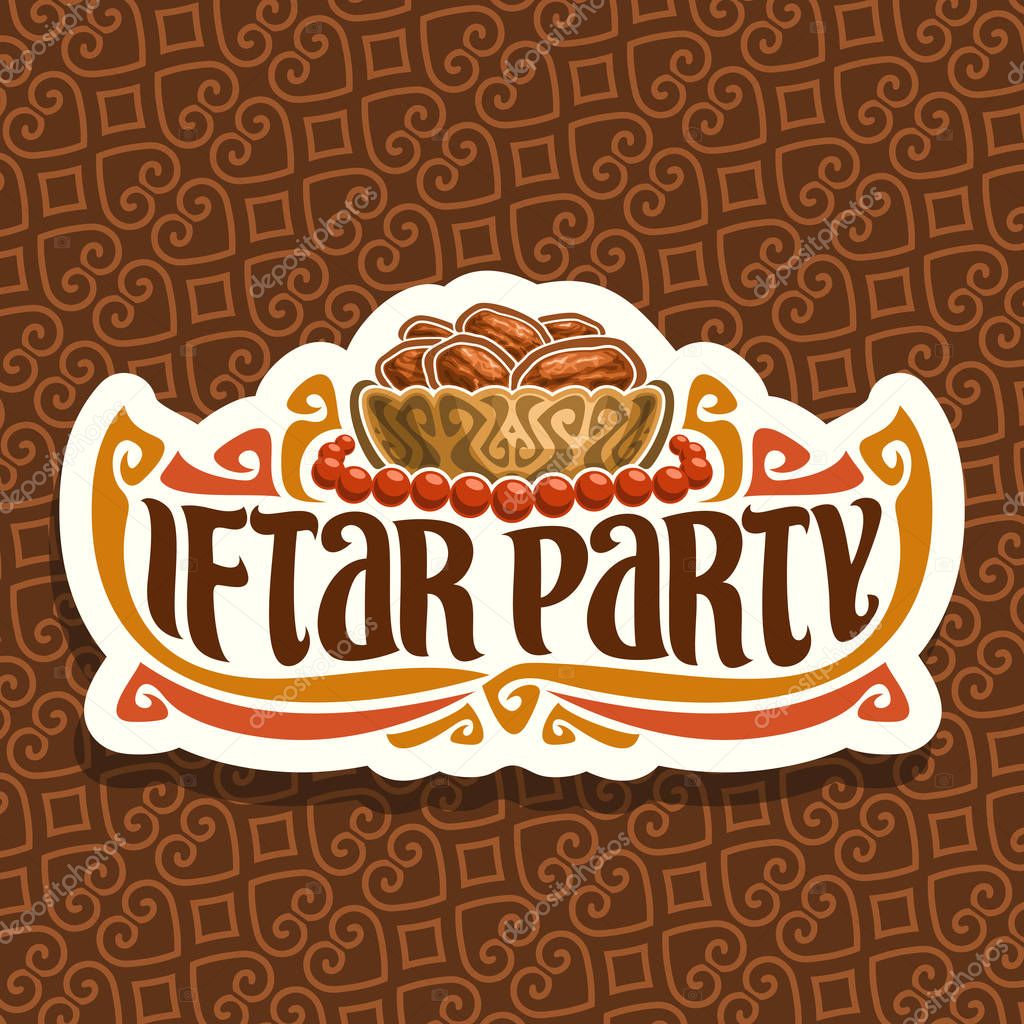 Vector logo for Ramadan Iftar Party, cut paper sign with pile of islamic fasting food - dried dates in bronze bowl and red prayer beads or muslim rosary, original brush typeface for words iftar party.