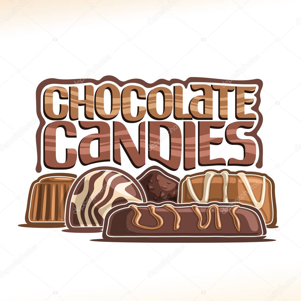 Vector poster for Chocolate Candy, logo with group of chocolate bar, swiss praline, belgian bonbons covered of milk glaze and sweet dark truffle, original typeface for words chocolate candies on white