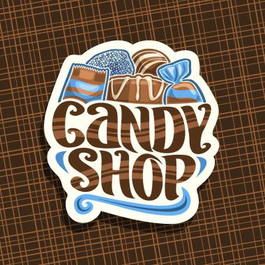 Candy Shop için logo vektör, kağıt tabela swiss pralin, Belçika çikolatalı bonbon, kaydırılan toffee şekerler, orijinal fırça yazı kelime şeker dükkanı için çeşitli mavi tatlılar yığın yığını ile kesmek.