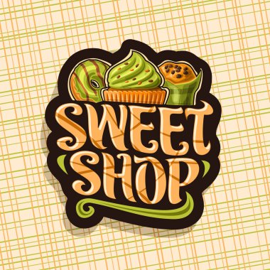 Tatlı dükkanı için vektör logo, karanlık işareti ile Fransız Yeşil halka, nane kremalı kek ve çikolata parçaları ile sarılmış muffin, kelime tatlı dükkanı için orijinal fırça yazı, pastane için etiket.
