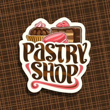 Pastane için logo vektör, kakao tatlı waffle Kupası, dilim çikolatalı kek kaplı sır ile çilek ve pembe Fransız acıbadem kurabiyesi, kelimeleri bir Pastane için orijinal yazı işaretiyle kağıt kesme.
