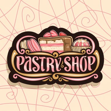 Pastane, pembe ile siyah tabela için vektör logo macarons, dilim meyve kapalı kek çikolata sır çilek ile Fransız ve çilekli tatlı, kelimeleri bir Pastane için orijinal yazı sarılmış