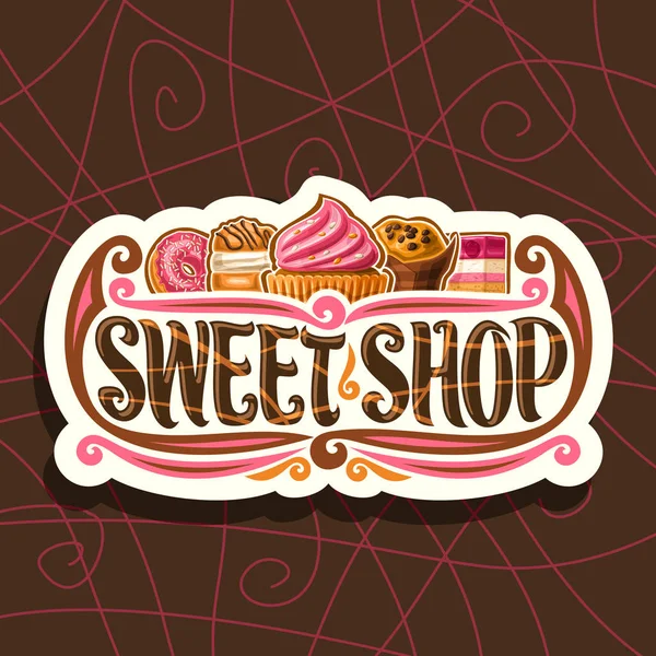 Tatlı Dükkanı, kesilmiş kağıt vintage tabela gurme Şekerci için için vektör logo 5 pembe choux pasta tatlılar için kelime tatlı Dükkanı, etiket için krem, orijinal fırça yazı ile Fransız pastane.