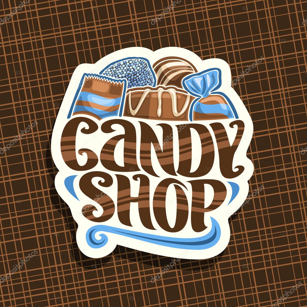 Vector logo for Candy Shop, cut paper signage with pile of swiss praline, belgian chocolate bonbon, wrapped toffee candies, original brush typeface for words candy shop, heap of various blue sweets.