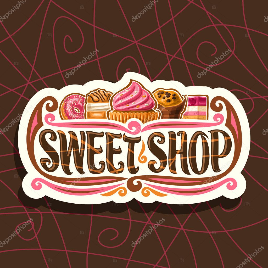 Vector logo for Sweet Shop, cut paper vintage signboard for gourmet confectionery, 5 pink choux pastry desserts with cream, original brush typeface for words sweet shop, label for french patisserie.