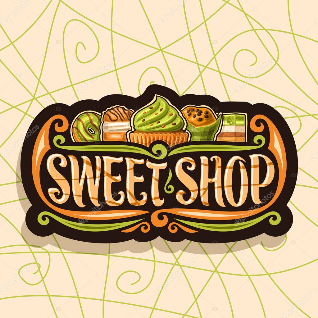 Vector logo for Sweet Shop, dark vintage signage for confectionery, 5 green gourmet choux pastry desserts with mint cream, original brush typeface for words sweet shop, label for french patisserie.