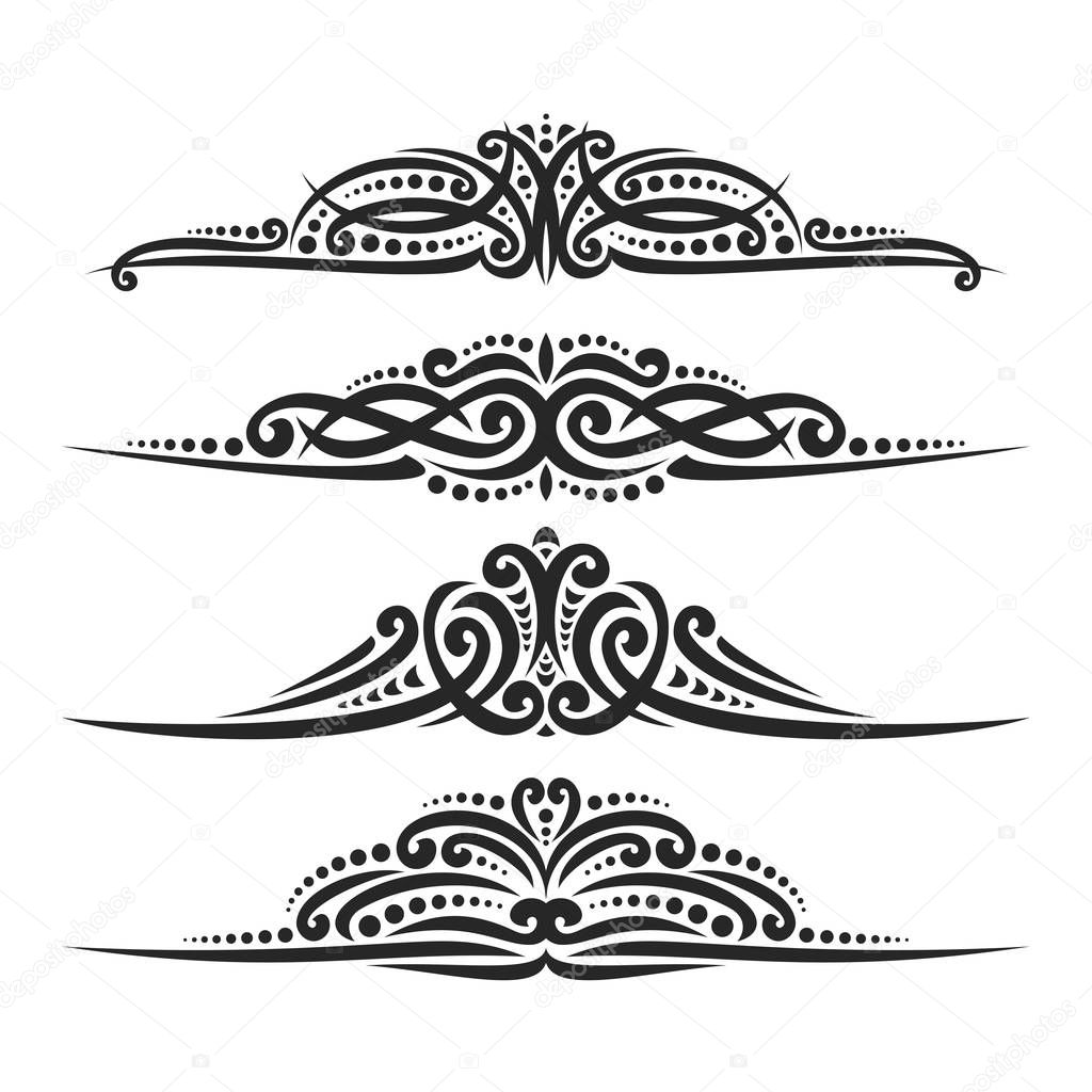 Vector set of black page dividers for greeting text, 4 filigree separators of indian style for wedding title, design elements for create border, ornate decorations with flourishes ornament on white.