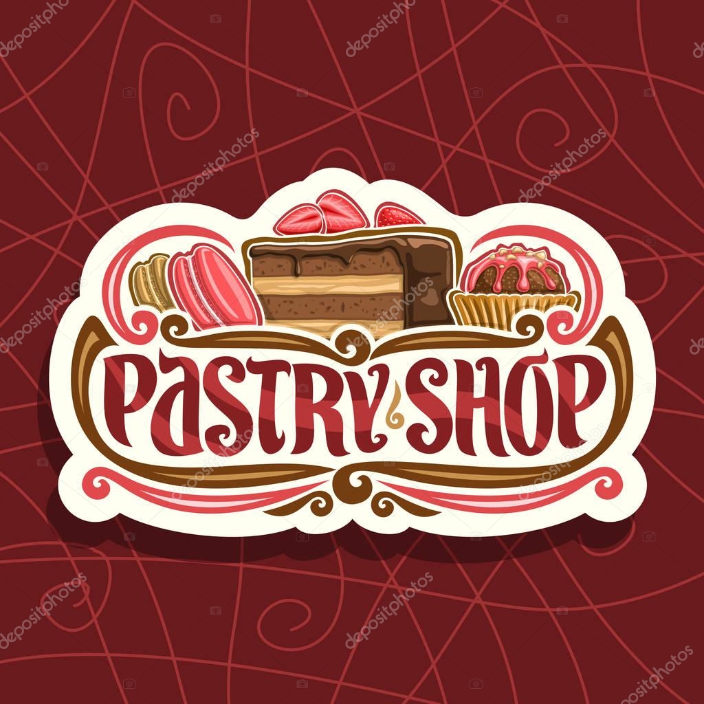 Vector logo for Pastry Shop, cut paper signage with pink french macaroon, slice of chocolate cake covered glaze with strawberry and cocoa dessert in waffle cup, original typeface for words pastry shop