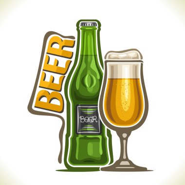 Alkol içki bira, poster Bavyera lager yeşil şişe ve tam bir yudum cam köpüklü zanaat ale, word bira, siluet kompozisyon için pub menü için özgün yazı tipi ile vektör çizim.