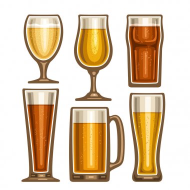 Vector set of different Beer glassware, 6 full glass cups with yellow and brown fizzy beverages various shape, collection icons of alcohol drinks lager and pilsner beer isolated on white background. clipart
