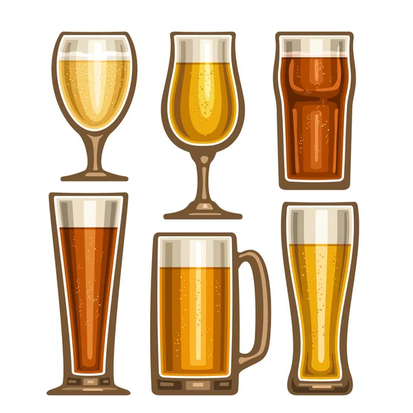 Vektör kümesi farklı bira cam, cam dolu 6 su bardağı sarı ve kahverengi gazlı içecekler ile çeşitli şekil, toplama simgeler pilsner ve alkol içecekler bira bira beyaz arka plan üzerinde izole.