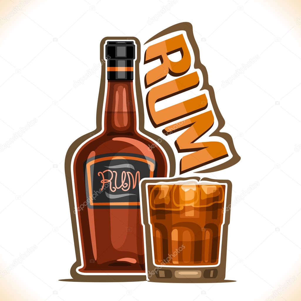 Vector illustration of alcohol drink Rum, old brown bottle of premium cuban booze, full tumbler glass with dark and stormy cocktail, original typeface for word rum, outline composition for bar menu.