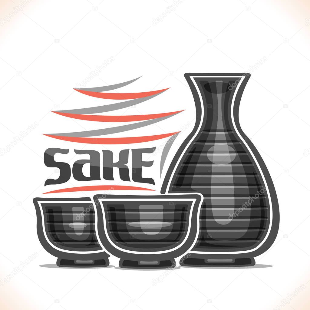 Vector illustration of alcohol drink Sake, 2 grey pottery caps and tokkuri jug with striped pattern for japanese rice vodka, original typeface for word sake, silhouette composition for bar menu.