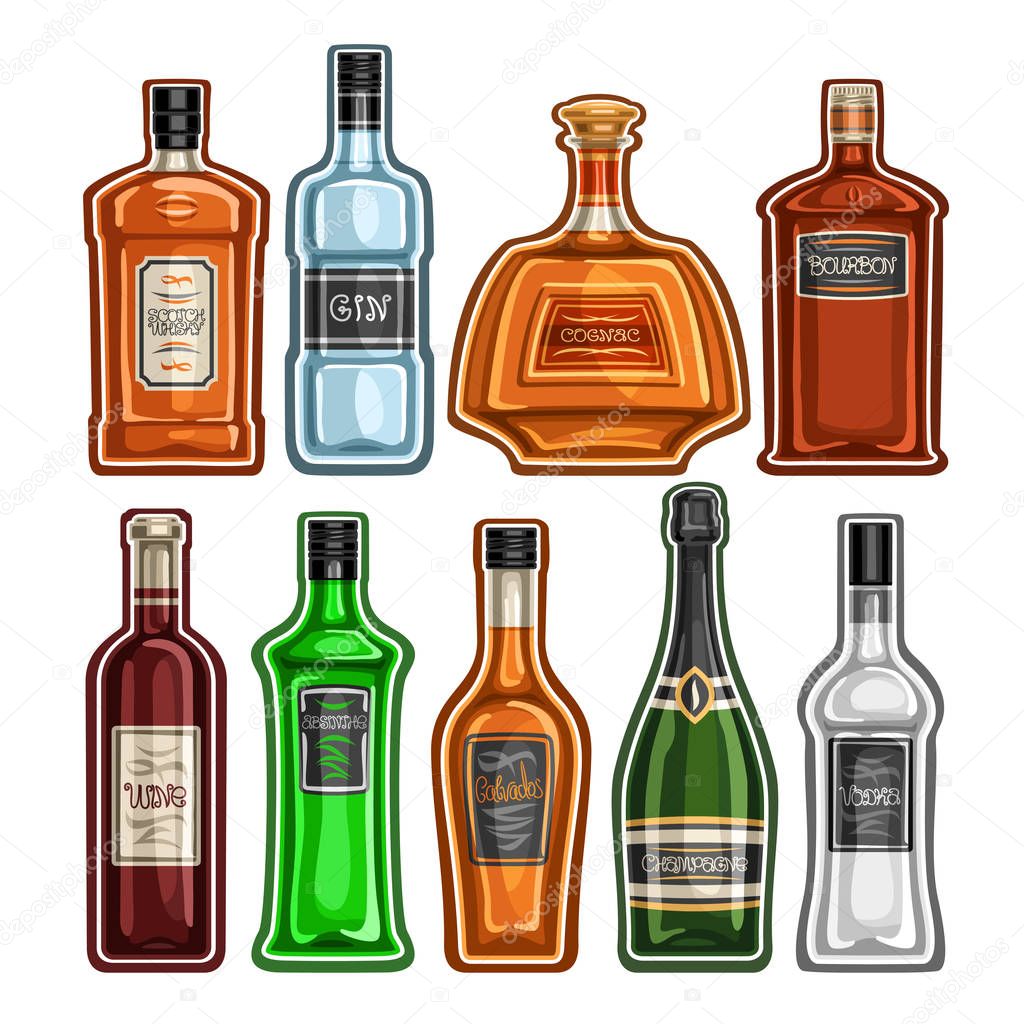 Vector set of different Bottles, 9 full glass containers with colorful premium alcohol drinks various shape, collection cartoon icons of hard liquor bottles for bar menu isolated on white background.