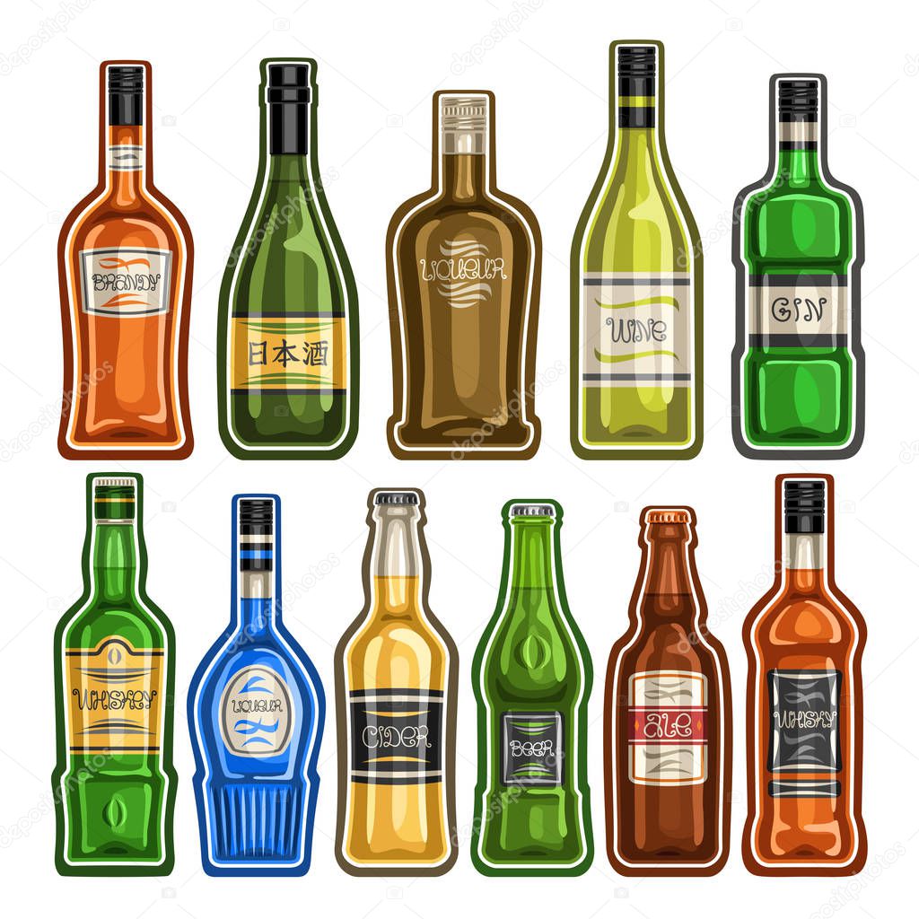 Vector set of different Bottles, 11 full glass containers with colorful premium alcohol drinks various shape, collection cartoon icons of hard liquor bottles for bar menu isolated on white background.