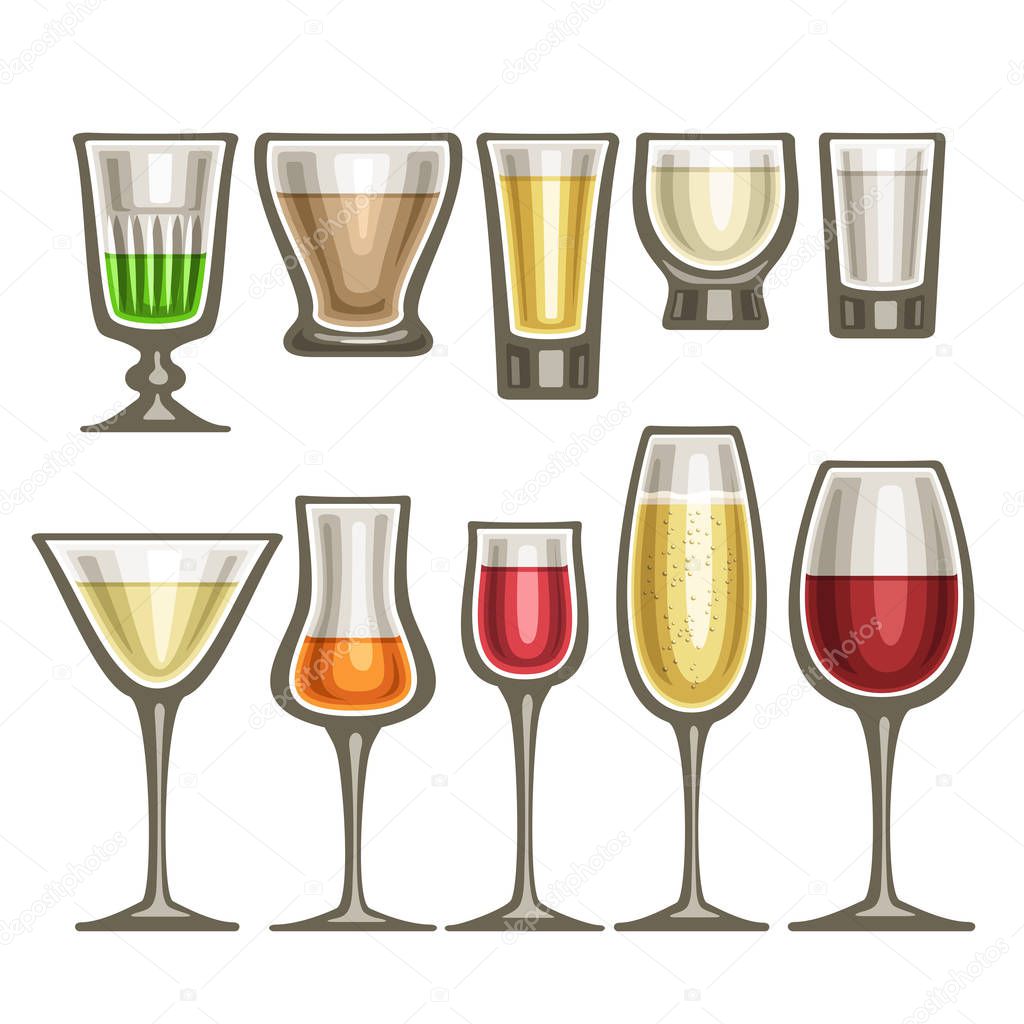 Vector set of different glassware, 10 half full glass cups with colorful spirit beverages various shape, collection icons of alcohol drinks red and white wine, hard liquor isolated on white background