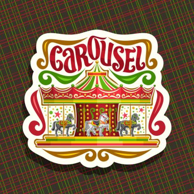 Çocukların atlıkarınca için logo vektör, vintage atlıkarınca Fransız merry işaretiyle atlar eğlence parkı içinde word carousel, sopa ile için orijinal fırça yazı ile cazibe yuvarlak gitmek kağıt kesme.