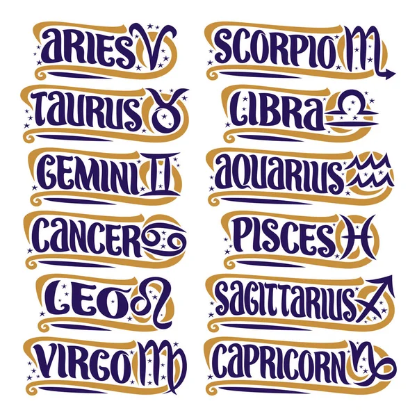 Vector Set Zodiac Signs Collection Astrology Symbols Handwritten Text Predicting — Stock Vector