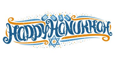 Happy Hanukah için vektör tebrik kartı, süslü, kıvrımlı kaligrafik yazı tipi, dört dreidel ve David yıldızı, girdaplı fırça harfleriyle 