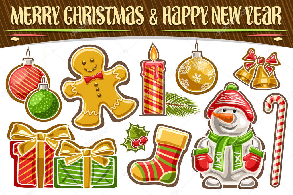 Vector set for Christmas and New Year, decorative cut out illustrations of hanging baubles, cartoon gingerbread man, golden bells with bow, gift boxes, holly berry, kids sock, snowman and candy cane.