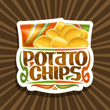 Patates cipsi için vektör logosu, çıtır patates ve 2 plastik paket resimli dekoratif etiket, soyut arkaplanda patates cipsi için orijinal harflerle kesilmiş kağıt etiket..