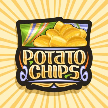 Patates cipsi için vektör logosu, patates kızartması resimli dekoratif etiket ve 2 plastik paket, soyut arkaplanda patates cipsi için orijinal harfli siyah etiket..