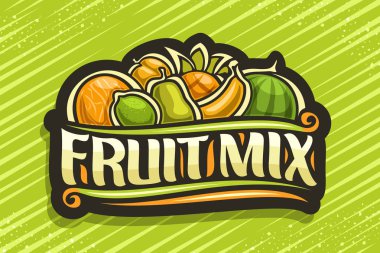 Fruit Mix için vektör logosu, yığınla karikatür meyveleri ve dekoratif süslemeleri resimli siyah rozet, meyve karışımı için orijinal yazı karakteri, soyut yeşil arkaplanda tatlı şekerler için etiket.