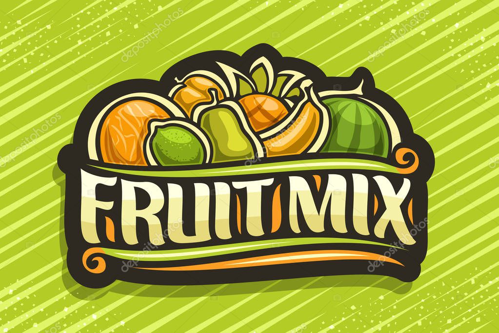 Vector logo for Fruit Mix, black badge with illustration of heap cartoon fruits and decorative flourishes, original typeface for words fruit mix, label for sweet candies on green abstract background.