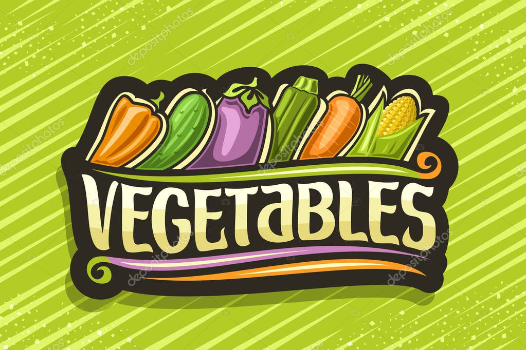 Vector logo for Fresh Vegetables, black sticker with illustration of cartoon raw veggies in a row, decorative signboard with original brush type for word vegetables on green abstract background.