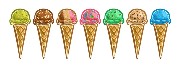 Conjunto Vectorial Conos Helados Ilustraciones Recortadas Deliciosos Helados Sobre Fondo — Vector de stock