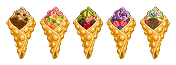 Hong Kong waffle seti, beyaz arka planda nefis köpüklü waffleların 5 çizimi, sokak kafesi menüsü için doldurulmuş meyveli waffle konilerinin Asyalı dondurma koleksiyonu..