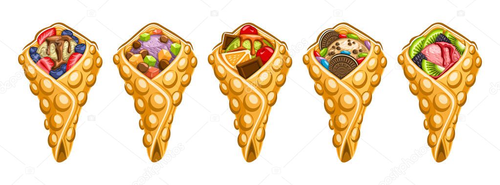 Vector set of Hong Kong Waffles, 5 cut out illustration of delicious bubble waffles on white background, collection of asian ice creams in waffle cones stuffed fruits ingredients for street cafe menu.