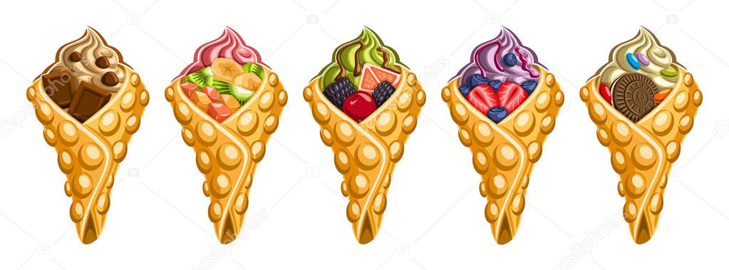 Vector set of Hong Kong Waffles, 5 cut out illustration of delicious bubble waffles on white background, collection of asian ice creams in waffle cones stuffed fruits ingredients for street cafe menu.