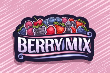 Berry Mix için vektör logosu, çeşitli böğürtlen ve tasarım örnekleri içeren siyah dekoratif rozet, kırmızı çizgili arka planda böğürtlen karışımı kelimelerinin orijinal fırça yazı karakteri kavramı.