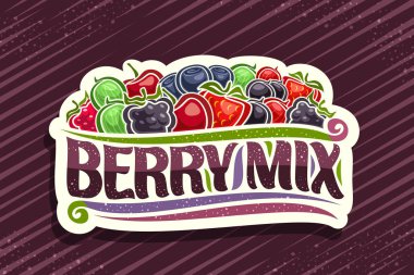 Berry Mix için vektör logosu, yığınla böğürtlen ve tasarım resimleriyle dekoratif kesim kağıt rozeti, orijinal fırça yazı tipiyle mor arka planda böğürtlen karışımı için kavram.