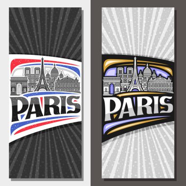 Kopya alanı ile Paris için vektör dikey düzenleri, Paris işaretlerinin siyah ve beyaz çizgi çizimi broşürü, gri soyut arkaplan üzerine kelime Paris için orijinal yazı karakteri daveti.