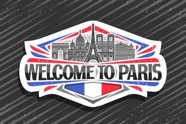 Paris için vektör logosu, Paris 'in ünlü simgelerinin siyah beyaz çizgili işareti, Paris' e hoş geldiniz diyen fırça tipli buzdolabı mıknatısı, soyut arkaplanda dekoratif Fransız bayrağı.